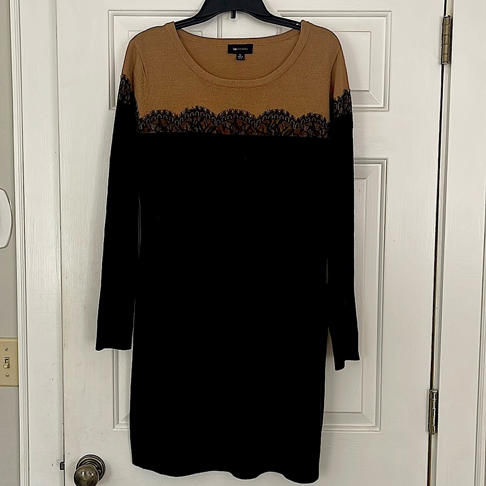 Long Sleeve Black and Tan Sweater Dress with Lace Detail. Size XL